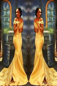 Elegant Yellow African Mermaid Prom Dresses Long 2023 Formal Off the Shoulder Luxury Beading Crystal Satin Arabic Trumpet Evening 6322949