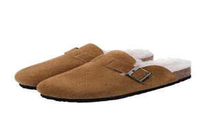 2021 Fashion Winter Slipper Leather Mule Slippers Långt plysch varm inomhus mjukt korkspänne glider skor för kvinnor824082749715