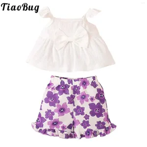 Clothing Sets Infant Baby Girls Summer Clothes Toddler Flying Sleeve Bowknot Flounce Cami Top With Flower Print Ruffle Shorts Headband