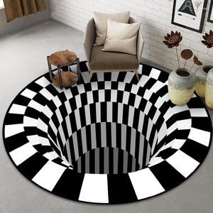 Tapetes de diâmetro redondo de 80cm.black e branco estereoscópico de carpete visual sala de estar com mesa de café MAT 3D Ilusão TRAP