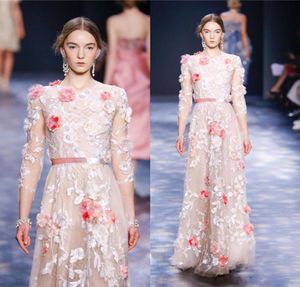 Marchesa 3D Appliced ​​Prom -klänningar med 34 långa ärmar Juvelhalsbindning Beading Party Dress Floor Längd Tulle Aftonklänningar med 8446719
