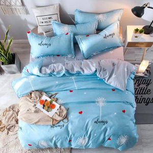 Bedding Sets Home 4pcs lençol plano conjunto azul de leito de leito de linho Capa de travesseiro de peito de pássaro fofo para crianças folhas de cama