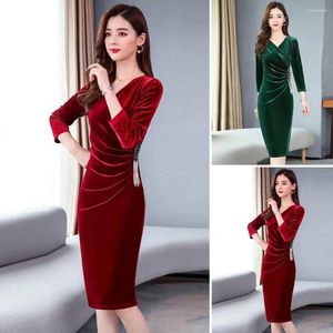 Casual Dresses Women Elegant Dress V Neck Rhinestone Evening For Pleated Tight Waist Knee Length Prom Party With Long