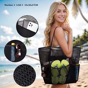 Großhandel Frauenhandtaschen 6 Farben Beliebt Openwork Mesh Beach Bag Outdoor -Reisetasche Doppelgnade Schwimmwäsche Frauen Einkaufstasche 1267#