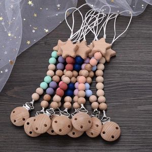 Wooden Pentagram Dummy Holder Chain Beech Wood Chew Bead Pacifier Clips For Baby Nursing Teething Toy Nipple Soother 240409