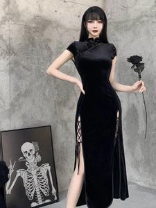 Party Dresses Romantic Gothic Velvet Aesthetic Vintage Women Black Bandage SlitHem Bodycon Dress Sexy Evening Wear Cheongsam