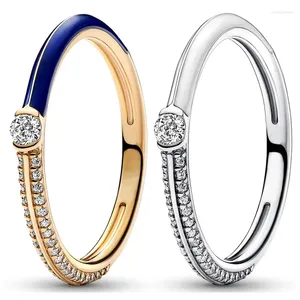 Clusterringe Original Golden Shine Me Pave Blue White Dual Ring mit Crystal Fit 925 Sterling Silber Europa Geburtstagsgeschenk DIY Juwely