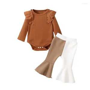 Clothing Sets Spring Infant Girl Fall Outfit Solid Color Ribbed Flying Sleeve Romper Contrast Flare Pants Autumn Clothes