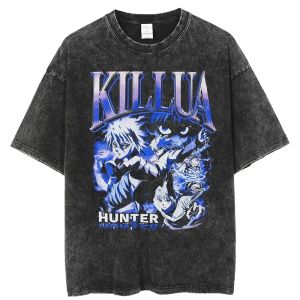 Mens T-Shirts Vintage Washed Tshirts for Men Hunter X Hunter Hxh Killua Anime Graphic T Shirt Women Harajuku Oversize Tee Cotton Streetwear 230812