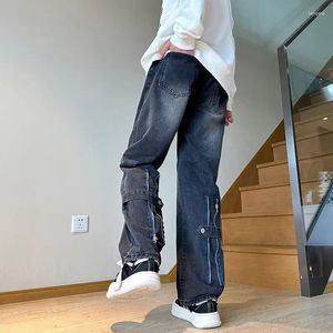 Calça masculina casual All Fashion retro Hong Kong Salia de tubo reto solto Jeans com zíper da perna de calça colorida