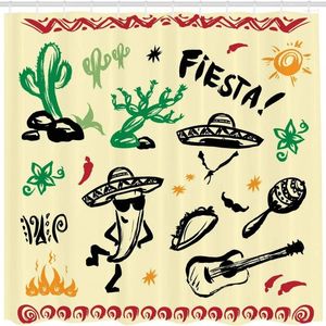 シャワーカーテンメキシカンカーテンヒスパニック系漫画のオブジェクトギターサボテンプラントナチョスプリントクロスファブリックバスルームの装飾