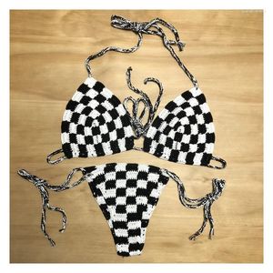 Kvinnors badkläder 2024 Kvinnor Virka rutig Bikini Classic Triangle Top Black and White Set Justerbar Checker Baddräkt