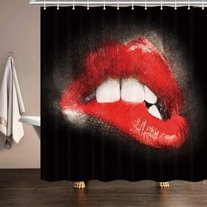 Shower Curtains Sexy Red Lips Fashion Girl Woman Girly Biting Lip In Black Bath Set