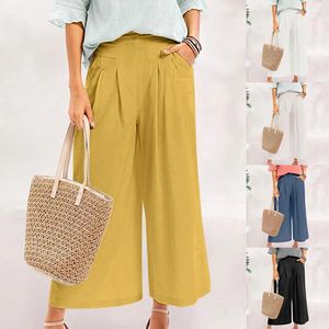 Frauenhose Damen Culottes Cotton Leinen Weitbein elastischer Taille Palazzo mit Taschen Frauen Feste Farbe Knöchellänge Hosen