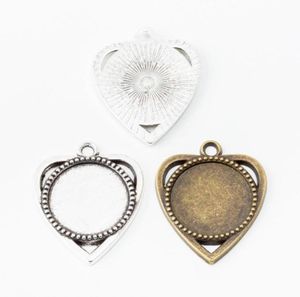 40pcs 3025MM Fit 18MM Antique heart cabochon setting round blank pendant base Silver color cameo stamping tray bezel jewelry6983728