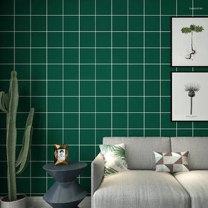 Wallpapers American Light Luxury Style Wallpaper Black And White Grid Retro Dark Green Living Room Bedroom Sofa Background