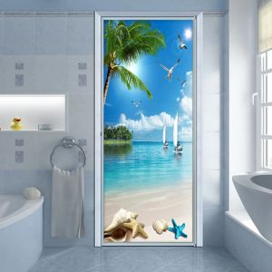 Stickers Beach Sea View Door Sticker 3D PVC SelfAdhesive Waterproof Wallpaper Paste Living Room Bathroom Wall Decal Toilet Door Stickers