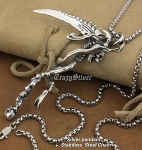 LINSION Huge 925 Sterling Silver Grim Reaper Skull Sickle Scythe Biker Pendant TA22 Stainless Steel Necklace 24 inches9784819