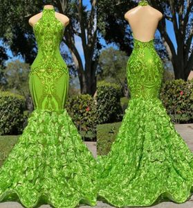 Olive Green Mermaid Prom Dresses Sexig backless spetsapplikationer Flowers Halter Neck 2K23 Black Girls Evening Party Gowns Arabic Vest6861750