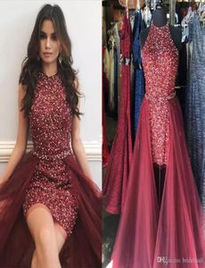 Sparkly Maroon Red Short Jumpsuits Prom Dresses Jewel Neck Sleeveless Crystal Beading Sheath Tulle Overskirt Cocktail Party Pagean2951734