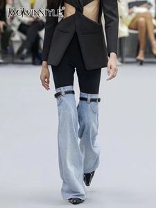 Zweier Style Hit Color Patchwork Denimhose für Frauen hoher Wiast Spleißtemperament Weitbein Hosen weiblich Mode 240409