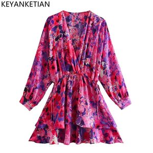 Keyanketian Women Fashion V Neck Floral Print Dubbelskikt Ruffles A Line Mini Shirt Dress Kvinnlig Chic Loose Lace Up Lady Outfit 240412