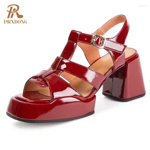 Sandalen Prxdong Frauenschuhe Sommer Qulaity Echtes Lederplatz High Heels Plattform T-Strap Pink Red Dress Party Lady 39