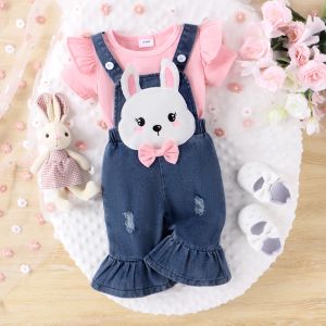 Byxor mababy 324m påsk nyfödd spädbarn småbarn baby flicka kläder set ruffle tshirt bunny denim byxor total outfit d05