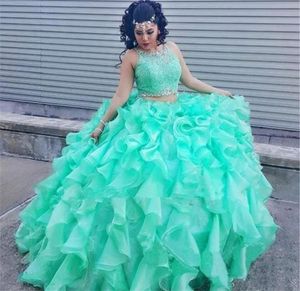 Mint Green Ball Dont Twopiece Quinceanera Dresses Organza Ruffles Prom Vortals Orgal Deled Lace Jewel Quinceanera Dresses7721387