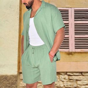 Herrespår passar två-stycken Set Daily Holiday Solid Summer Casual Lapel Linne Loose Overdimensionerade skjortor Shorts