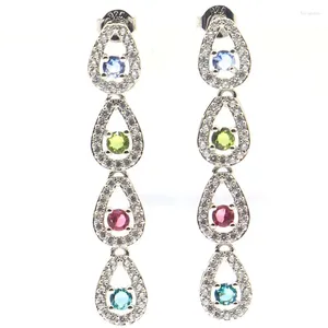 Dangle Küpeler 40x7mm Muhteşem Çok Renkli Menekşe Tanzanit Yeşil Peridot Aquamarine Turmalin Beyaz CZ Kadın Nişan Gümüş