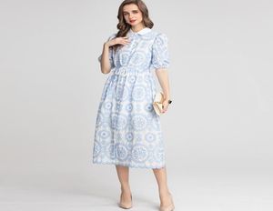 Women039s Runway Dresses Turn Down Collar Short Sleeves Embroidery High Street Casual Mid Calf Vestidos3469323