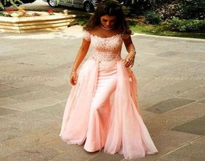 Z ramion różowe sukienki wieczorowe z krótkimi rękawami aplikacje tiul długość podłogi na zamówienie arabsko -różowe długie sukienki balowe FO7377476