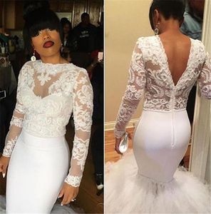 2020 Modest White African Prom Dresses Mermaid Illusion Lace Appliques V Back Puffy Skirt Black Girl Formal Dress Long SleeveS Pro8891639