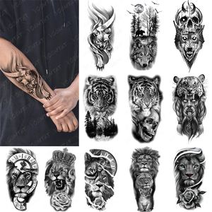 Tiger Lion Wolf Su geçirmez Geçici Dövme Çıkartması Erkekler için Tribal Transfer Flaş Flash Tatoo Kol Kılıf Vücut Sanat Sahte 240408