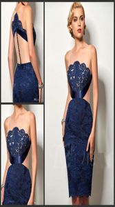 Elegant kneelength evening dress scoop back covered button lace applique sleeveless formal prom guest dress 7420024