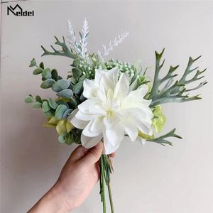 Flores de casamento Meldel Bridal Bouquet Flor Artificial Rosa Rosa Hidrázica Orquídea Lavanda Dahlia Eucalipto Leaf Staghorn Fern