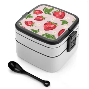 Dinnerware Strawberry Botanical Bento Box portátil Lunch Straw Storage Storage Pattern Fruit Fruit Red Foodie