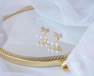 Stud 14K Real Gold Plated Jewelry Jewelry requintado microinlaid Zircão Brincos de pérolas de arco para mulher Earring diária holidaty2749835