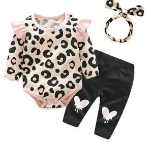 Set di vestiti per bambine per bambini per bambini 2018 Autunno neonato per bambini abbigliamento leopardo rompers vaccano pantaloni 3pcs set di outfit