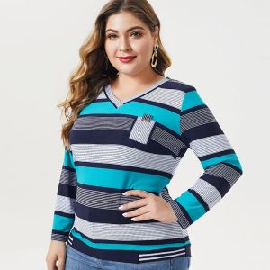 Dresses 2021 Autumn Womens Plus Size Long Sleeve Stripe T Shirt Fashion Ladies Vintage Elegant Mom Plus Size Tops