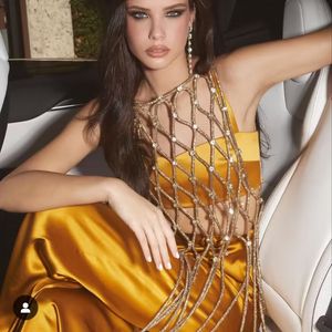 Women's designer hand-woven dress with diamond fringe female gold