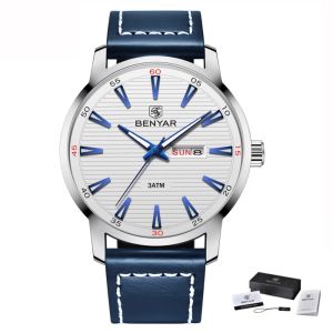 Benyar Watch Luxury Top Brand Automatic Week Date Militär Fashion Male Quartz Leather Wristwatch Relogio Masculino