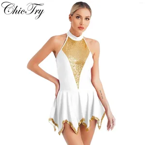 Stage Wear Womens Ballet Tutu Dress Gymnastics Leotards Sleeveless Irregular Hem Figure Ice Skating Dancewear Performance Costume