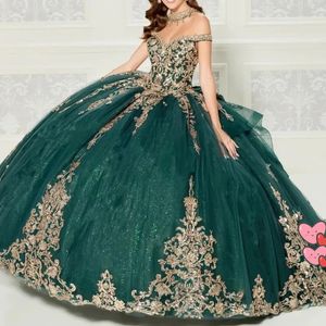 Роскошные изумрудные зеленые платья quinceanera с плеча с мячом платье корсета платье по случаю дня рождения золото -аппликация vestidos de 15