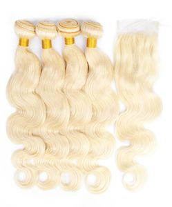 Kisshair Body Wave 4 Bunds med stängningsfärg 613 Blond Human Hair Weave Brasilian Virgin Remy Hair Extensions9971449