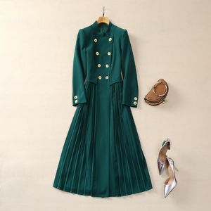 Vestido plissado de cor verde verde da primavera de manga longa com painéis de gola com painéis de dupla trespassado S3D121207