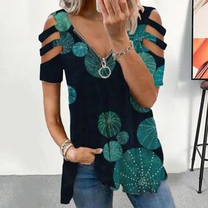 Blusas femininas impressos leves top top elegante coleção de camisetas de verão zíper ombro frio ombro solto camisetas para férias