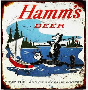 Vintage Tin Hamms Beer Bear Fishing Lake Boat tin Metal Sign 8x12 inches9743394