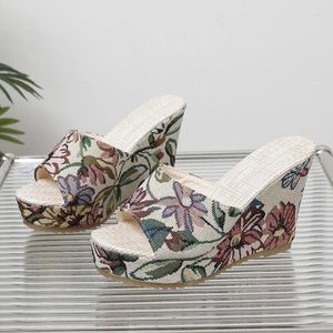 Slippers Women Shoes Fashion Casual Flip Flops Summer Vintage Floral Print Peep Toe клин